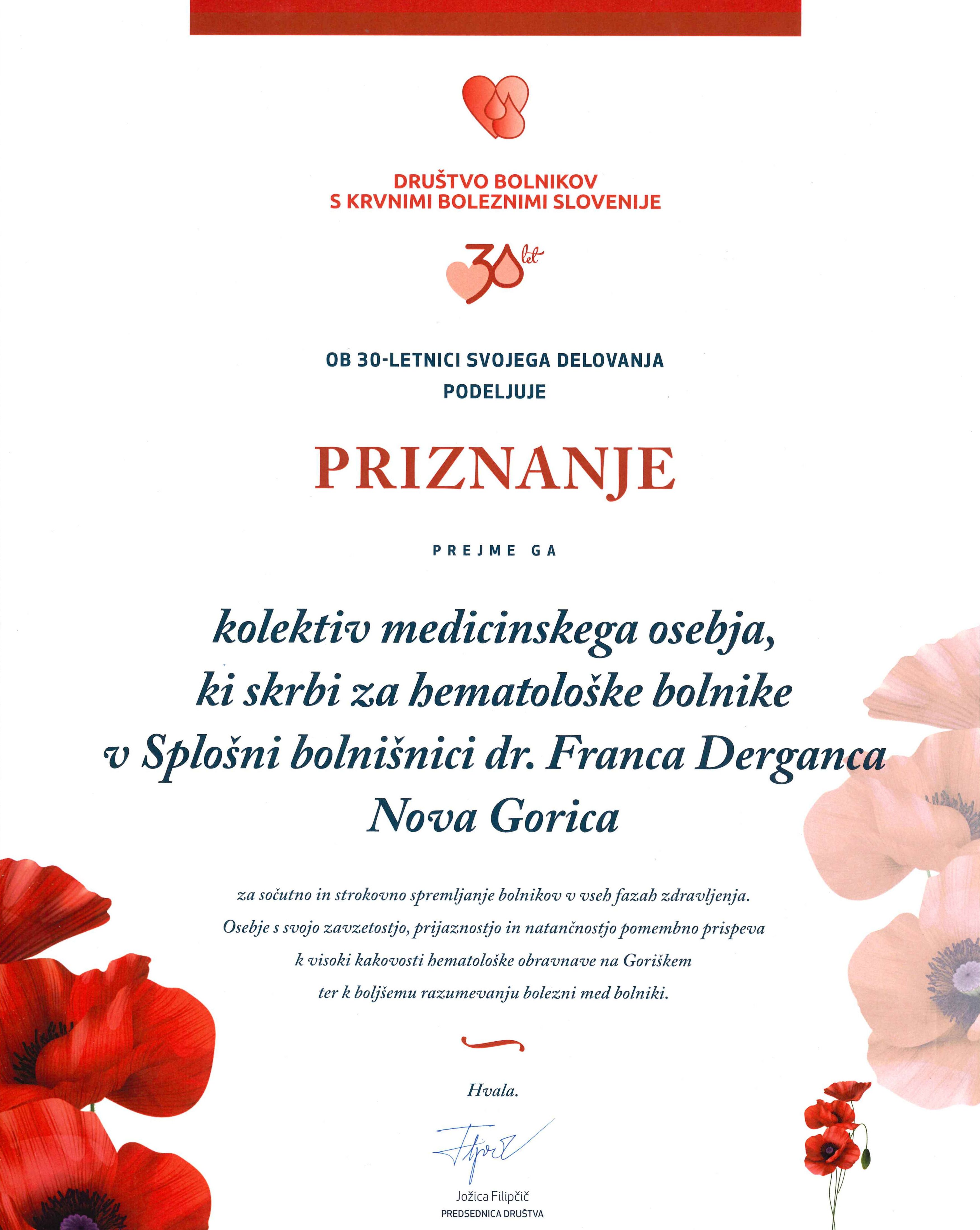 Priznanje kolektivu medicinskega osebja, ki skrbi za hematološke bolnike v SB Nova Gorica.