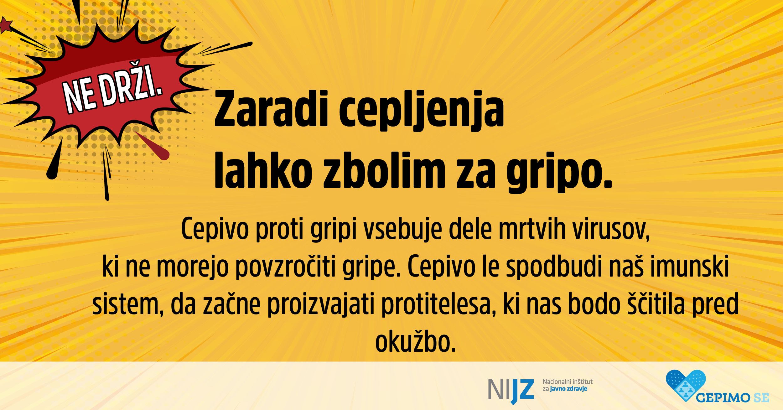 3.	Zaradi cepljenja lahko zbolim za gripo. Cepivo proti gripi vsebuje dele mrtvih virusov gripe, ki ne morejo povzročiti gripe. Cepivo le spodbudi naš imunski sistem, da začne proizvajati protitelesa, ki nas bodo ščitila pred okužbo.